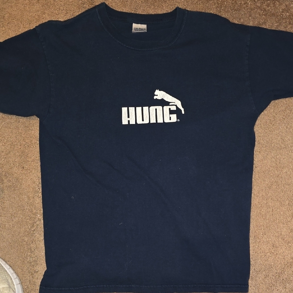 Navy Blue T-Shirt with White PUMA LOOKING  Logo "HUNG"  signs Of Wear On Logo
